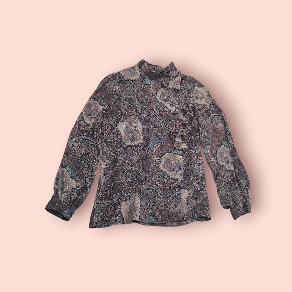 breckenridge Sheer Brown Lion Print Paisley Ruffle Neck Blouse - Picture 3 of 7